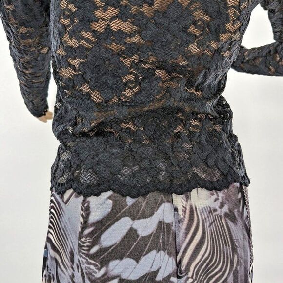 Vintage 90s y2k Lace Top Feather Collar Whimsigoth Black Stretch Clueless M - Picture 6 of 11